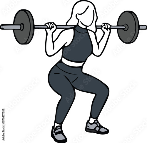 Barbell Squat Exercise – Woman Strength Training, Lower Body Workout Minimal Line Art Vector