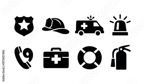 Emergency services: police badge, firefighter helmet, ambulance van, siren light, emergency phone, first aid kit, rescue lifebuoy, fire extinguisher