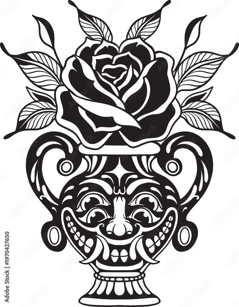 Fototapeta premium Clip art flower plant pot vase mask demon vector drawing