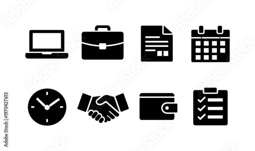 Freelance work: laptop, briefcase, invoice document, calendar, clock, handshake, wallet, checklist