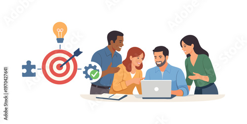 A team aligning sprint goals during a collaborative planning discussion, gathered near a laptop while interacting with a simple target alignment