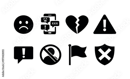 Cyber bullying awareness: sad face emoji, smartphone with insults, broken heart, warning triangle, chat bubble with exclamation, blocked user symbol