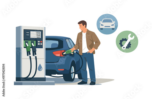 A car refueling scene where a driver fills a vehicle at a gas station in a calm everyday setting with attention to routine and safety, a fuel pump and