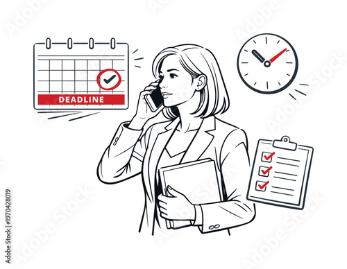 Single-character moment illustration of a businesswoman in a blazer speaking on a phone while looking at a floating calendar with a deadline