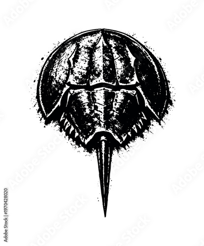 A large horseshoe crab shown in a direct top-down view, enlarged to dominate the frame as a wide organic form on a clean white background, the domed