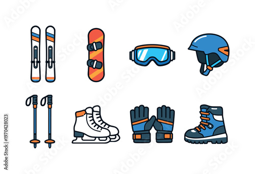 Winter sports equipment: skis, snowboard, ski goggles, helmet, ski poles, ice skates, winter gloves, snow boots