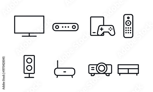 Home entertainment system: television screen, soundbar speaker, game console, remote control, streaming device, home theater projector, surround