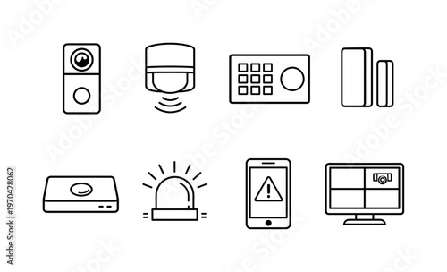 Smart home security system: doorbell camera, motion sensor, alarm keypad, window sensor, security hub, siren alarm, mobile alert phone, surveillance