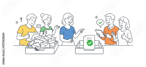 A simple inbox management scenario where professionals organize incoming tasks and messages to maintain a clean workflow, using a visual metaphor of a