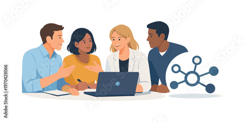A team aligning shared knowledge during a collaborative discussion, gathered near a laptop while interacting with a simple connected nodes knowledge