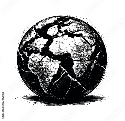 A cracked antique globe shown in a three-quarter perspective, enlarged to dominate the frame as a spherical object on a clean white background, the