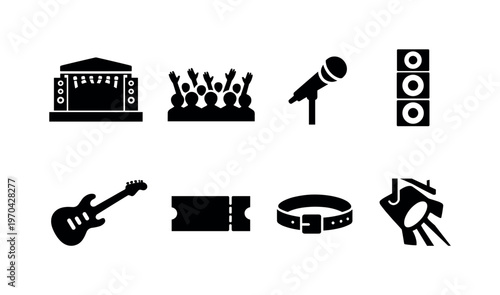 Music festival: stage, crowd, microphone, speaker stack, electric guitar, ticket, wristband, spotlight