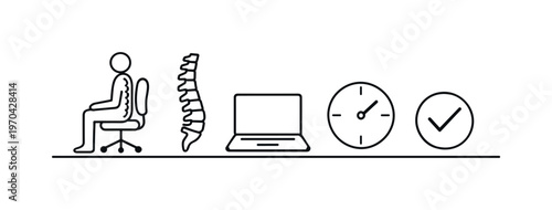 Healthy posture and ergonomic awareness for preventing strain and improving comfort during long work sessions, chair, spine outline, laptop, clock