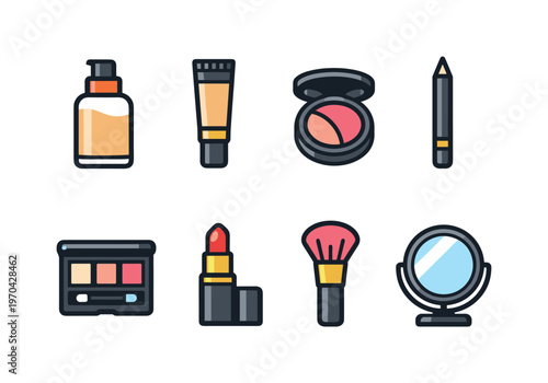 Makeup essentials kit: foundation bottle, concealer tube, blush compact, eyeliner pencil, eyeshadow palette, lipstick tube, powder brush, makeup