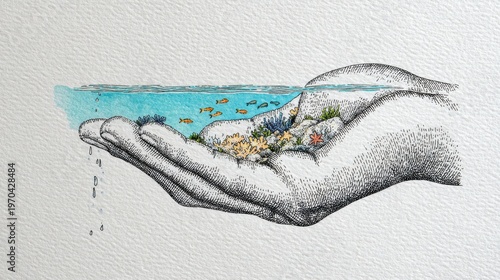 An anatomically accurate rugged hand in a cupped, upward-curving palm, catching and holding a shallow underwater scene—the turquoise reef, sandy bottom, colorful coral and small fish—painted within t