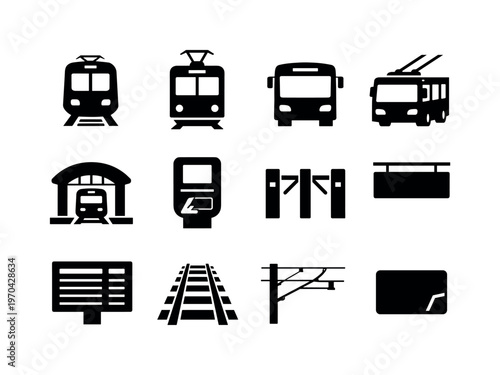 Public transportation: metro train, tram, city bus, trolleybus, train station, ticket validator, turnstile gate, platform sign, timetable board, rail