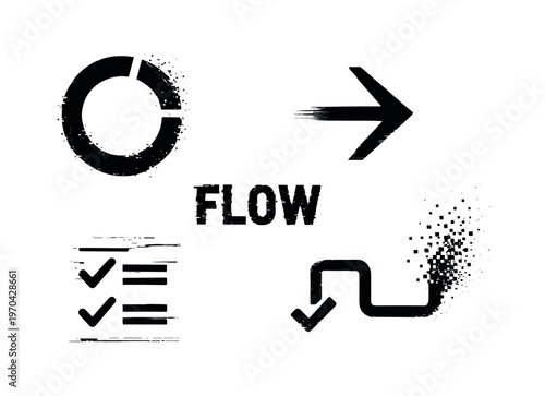 Digital onboarding progress and step flow theme, a set of 4 glitch-distorted monochrome objects placed on a perfectly clean white background