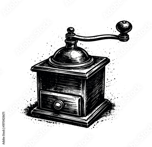 A vintage hand crank coffee grinder shown in three-quarter perspective, angled so the square body sits firmly while the curved crank handle extends