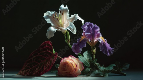 Minimalist still life featuring a single lily, a caladium leaf, an iris bloom, and a peace rose arranged with ample negative space against a stark background; high-contrast studio lighting highlights