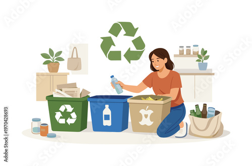 A recycling activity scene where a person sorts waste materials in an organized home environment with attention to sustainability practices, separate
