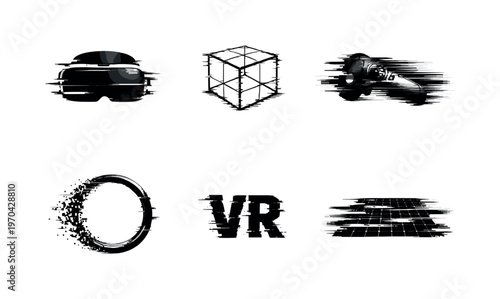 Virtual reality and immersive tech theme, a set of 5 glitch-distorted monochrome objects placed on a perfectly clean white background