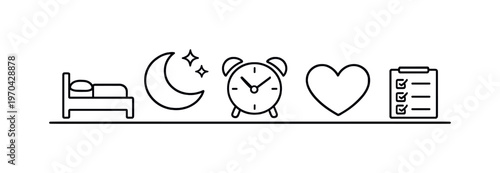 Sleep routine and recovery habits for improving rest quality and supporting overall health and daily performance, bed, moon, clock, heart, and