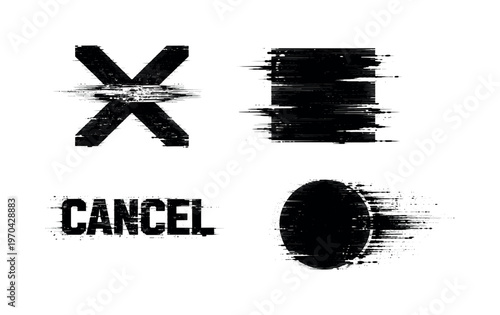 Digital cancel and abort action theme, a set of 3 glitch-distorted monochrome objects placed on a perfectly clean white background