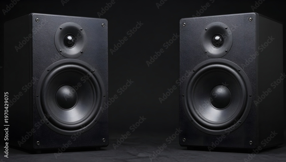 Fototapeta premium Pair of modern speakers sit on dark background, creating a sleek and minimalist aesthetic
