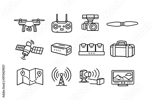 Drone technology set: quadcopter drone, remote controller, camera gimbal, propeller blade, GPS satellite, battery pack, charging hub, drone case