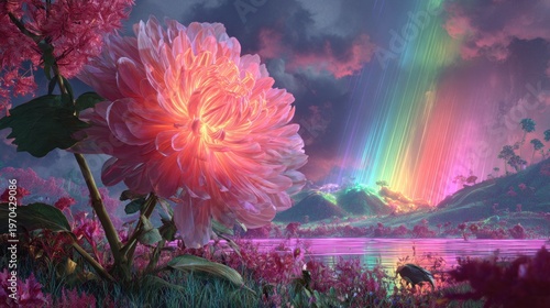 Surreal advertising poster of a dreamlike landscape infused with neon tempest energy, featuring a central giant flower bloom bathed in prismatic light that splits into rainbow beams braiding lush fie