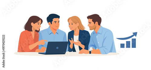 A team aligning future financial strategies during a collaborative discussion, gathered near a laptop while interacting with a simple forward arrow