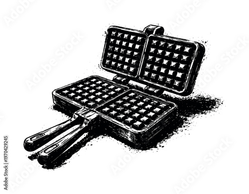 A heavy cast iron waffle press shown in a three-quarter perspective, enlarged to fill most of the frame as a textured kitchen tool on a pure white