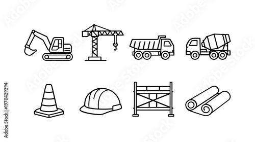 Construction site equipment: excavator, crane, dump truck, cement mixer, safety cone, hard hat, scaffolding, blueprint roll