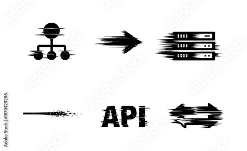 Digital API endpoints and request flow theme, a set of 5 glitch-distorted monochrome objects placed on a perfectly clean white background