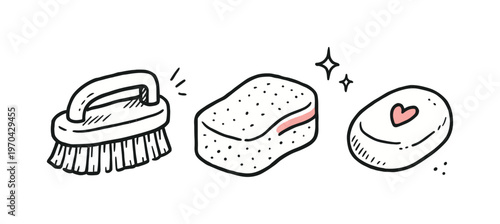 Simple bathroom cleaning theme  a horizontal row of 3 related hand-drawn objects on a white background: a small brush with a tiny red dot on the