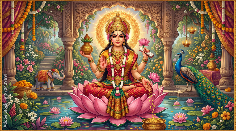 Fototapeta premium Goddess Lakshmi Maa. Happy Diwali. 