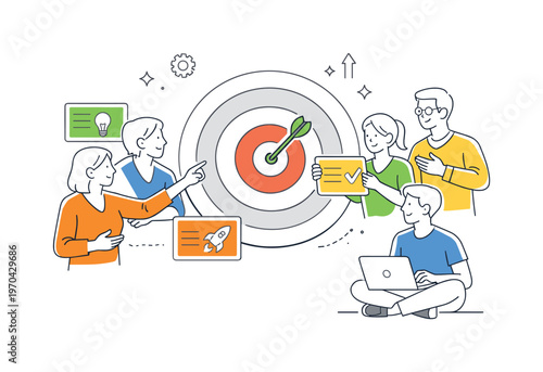 A task prioritization and strategic focus scene showing a small team selecting key initiatives around a large target and highlighted task cards, using