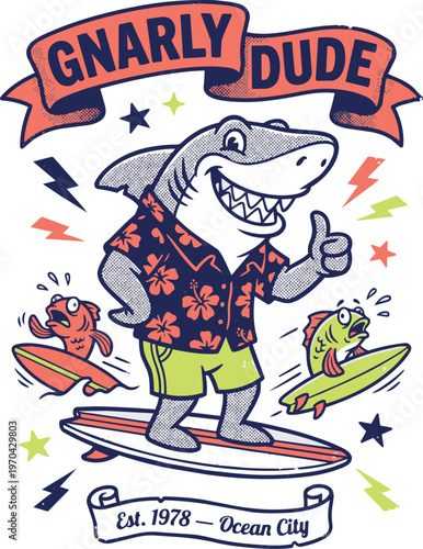 Vintage 80s Style Surf Shark Mascot Vector Design for T-shirt. Retro Comic Shark Surfer Illustration with Gnarly Dude Typography