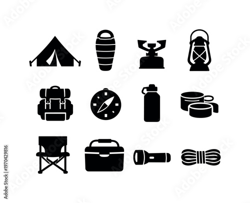 Camping gear essentials: tent, sleeping bag, camping stove, lantern, backpack, compass, water bottle, mess kit, folding chair, cooler, flashlight