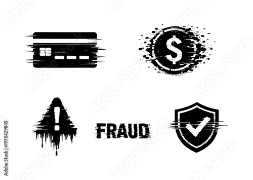 Digital payments and fraud detection theme, a set of four glitch-distorted monochrome objects placed on a perfectly clean white background