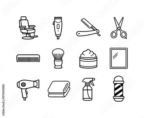 Barber shop tools: barber chair, hair clipper, straight razor, scissors, comb, shaving brush, shaving foam, mirror, hair dryer, towel, spray bottle