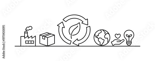 Circular economy and resource reuse strategy for minimizing waste and promoting sustainable production systems, recycle arrows, leaf, factory, package