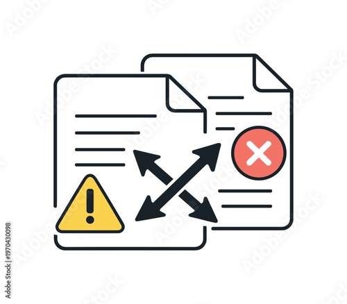 File version conflict and overwrite warning in collaborative work environments, two overlapping documents with a small warning symbol and a cross