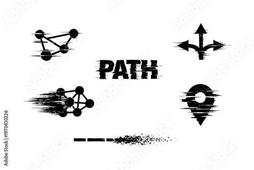 Digital graph traversal and pathfinding theme, a set of 5 glitch-distorted monochrome objects placed on a perfectly clean white background