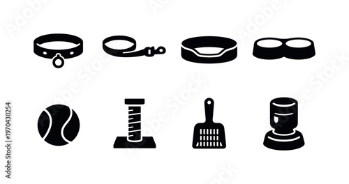 Pet accessories: collar, leash, pet bed, food bowl, toy ball, scratching post, litter scoop, water dispenser