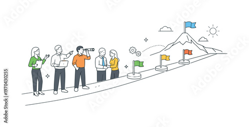 A structured steady progress scenario where a team advances consistently through defined stages toward a final objective without interruption, built