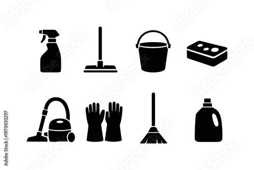 Home cleaning supplies: spray bottle, mop, bucket, sponge, vacuum cleaner, rubber gloves, broom, detergent bottle