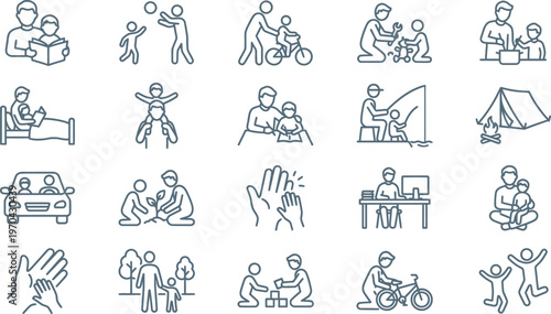 Simple line icons depicting various everyday family and social interactions scenes