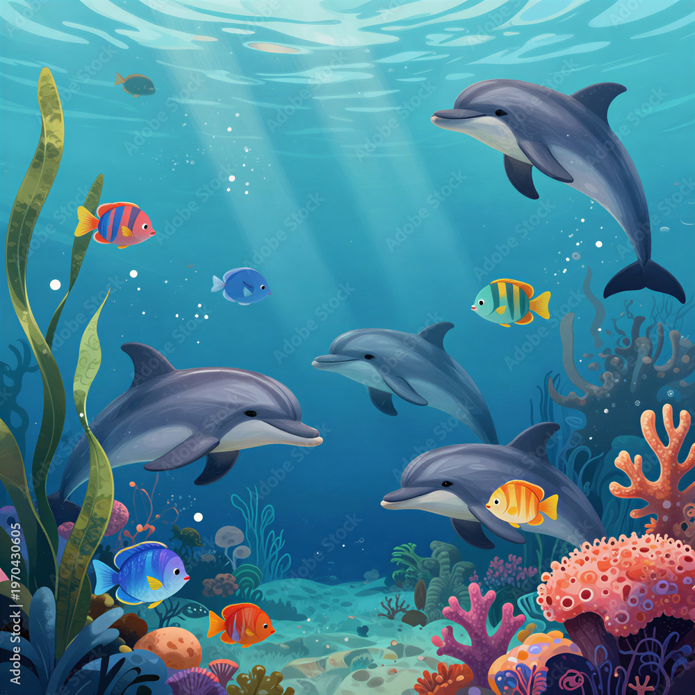 Obraz premium Dolphins swimming joyfully among colorful marine life in a vibrant underwater scene