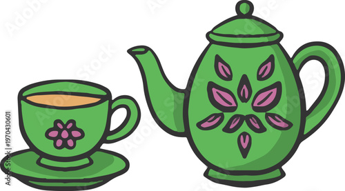 Hand drawn green teapot and teacup vector illustration with flower and leaf design